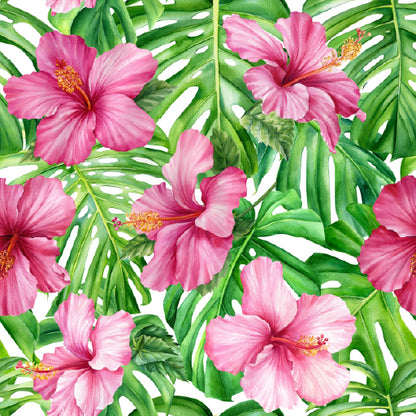 Square Canvas Pink Hibiscus & Leaves Vector Design High Quality Print 100% Australian Made