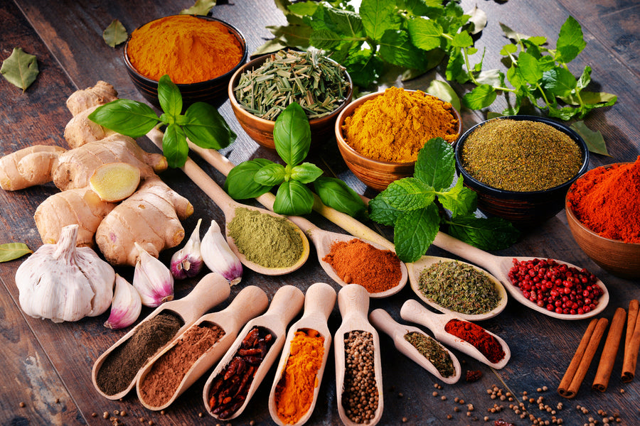 Variety of Spices and Herbs on Kitchen Table Photograph Print 100% Australian Made