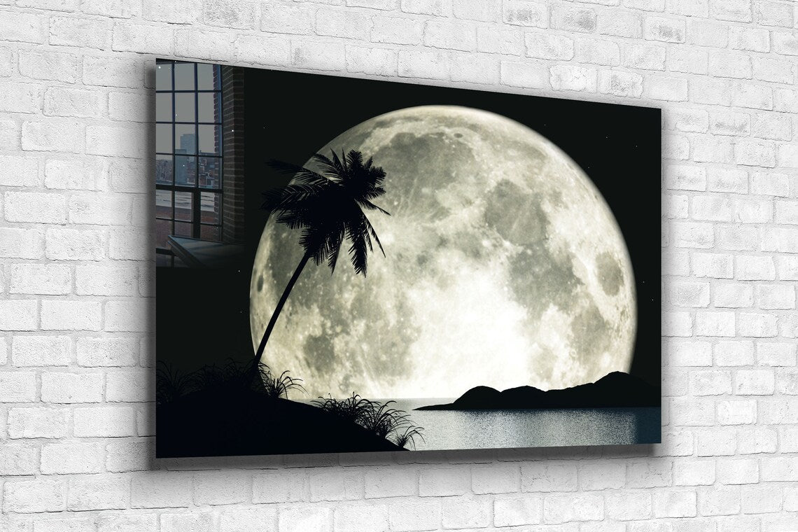 Moon Palm Tree Digital Print Tempered Glass Wall Art 100% Made in Australia Ready to Hang