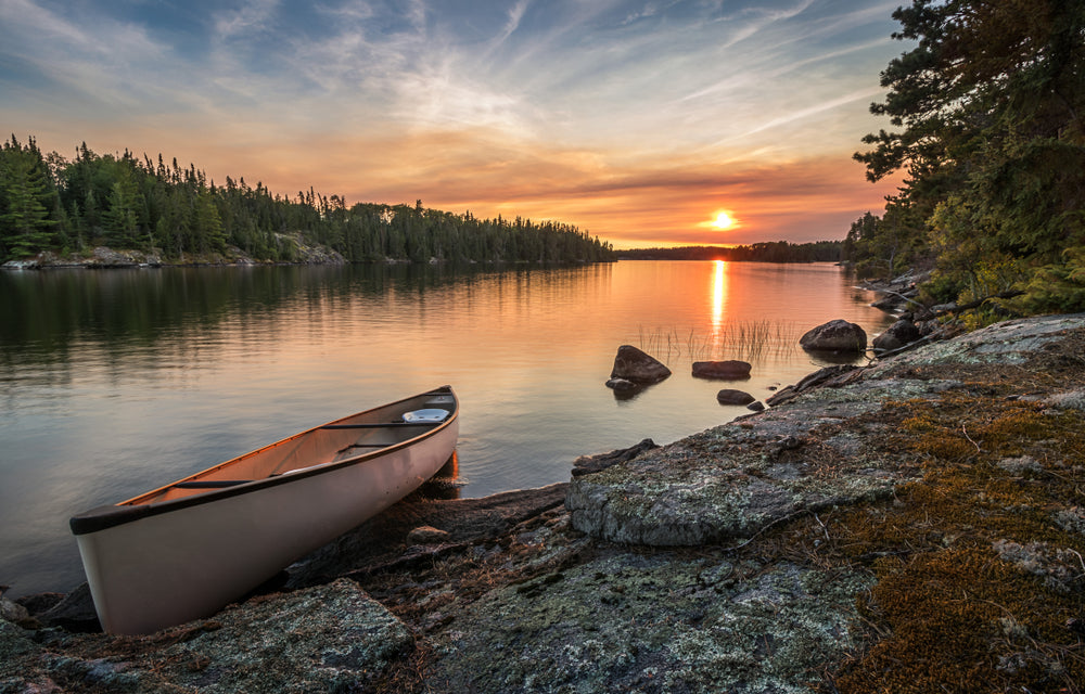 Canoe on Lake Shore at Sunset Scenery Photograph Print 100% Australian Made