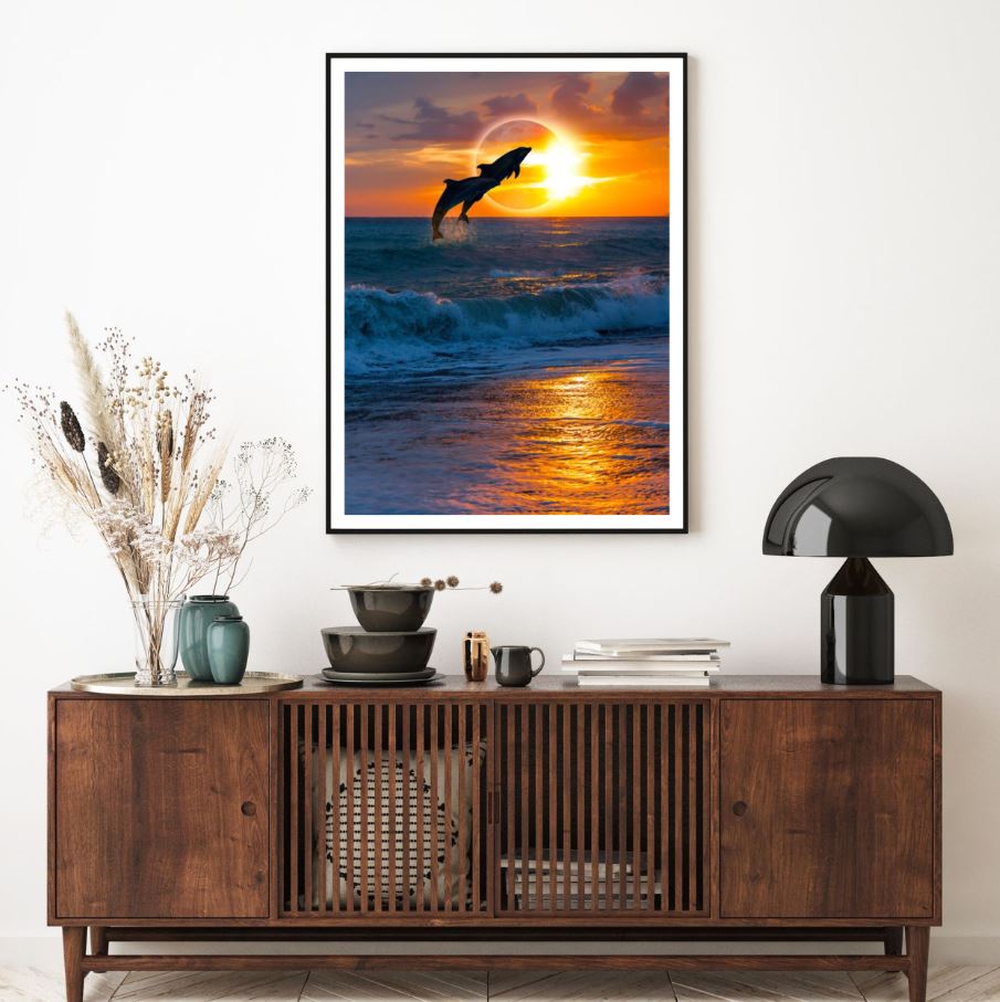 Dolphins in Beach at Sunset Photograph Home Decor Premium Quality Poster Print Choose Your Sizes