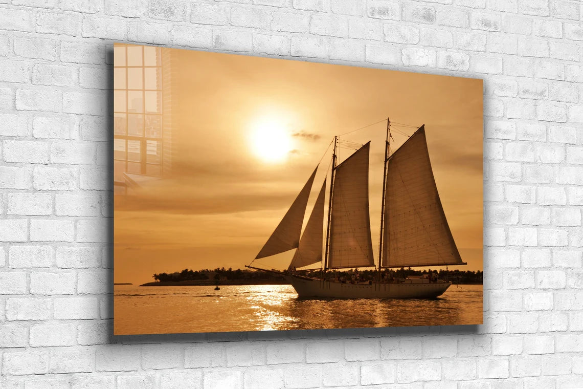 Sunset & Sailing Boat Print Tempered Glass Wall Art 100% Made in Australia Ready to Hang