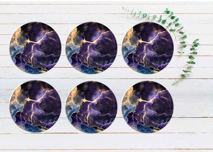 Purple Blue Gold Splash Marble Design Coasters Wood & Rubber - Set of 6 Coasters