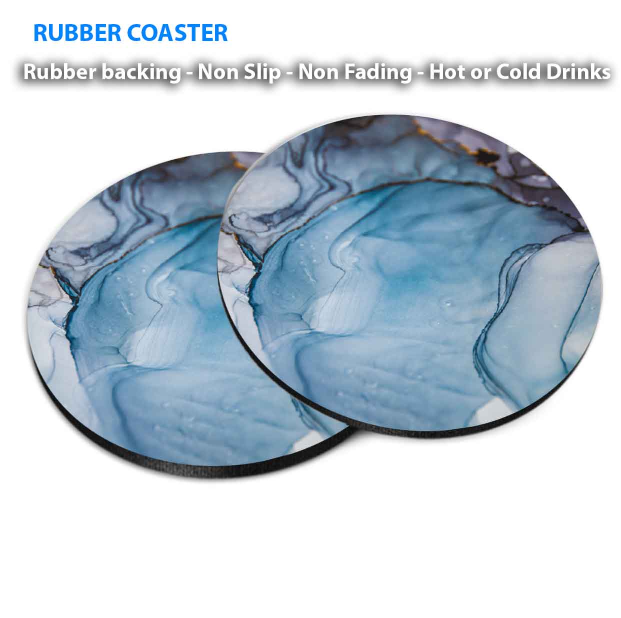 Blue Grey Liquid Abstract Design Coasters Wood & Rubber - Set of 6 Coasters