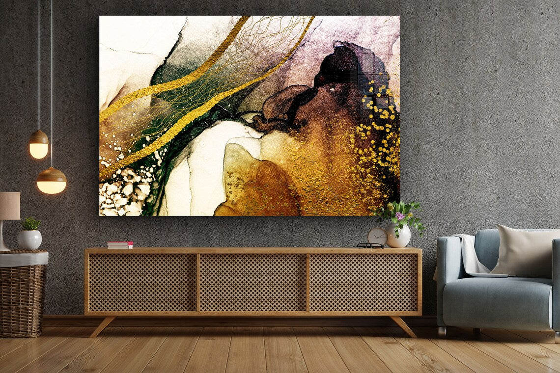 Gold Black Abstract Print Tempered Glass Wall Art 100% Made in Australia Ready to Hang