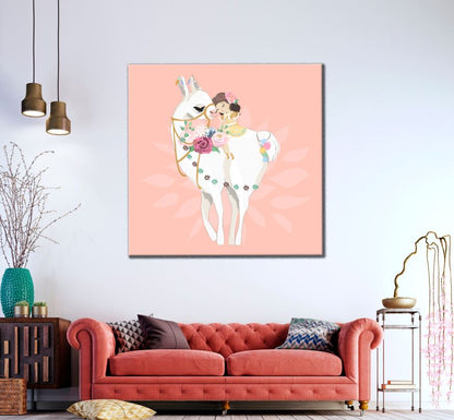 Square Canvas Llama & Cute Girl Painting High Quality Print 100% Australian Made