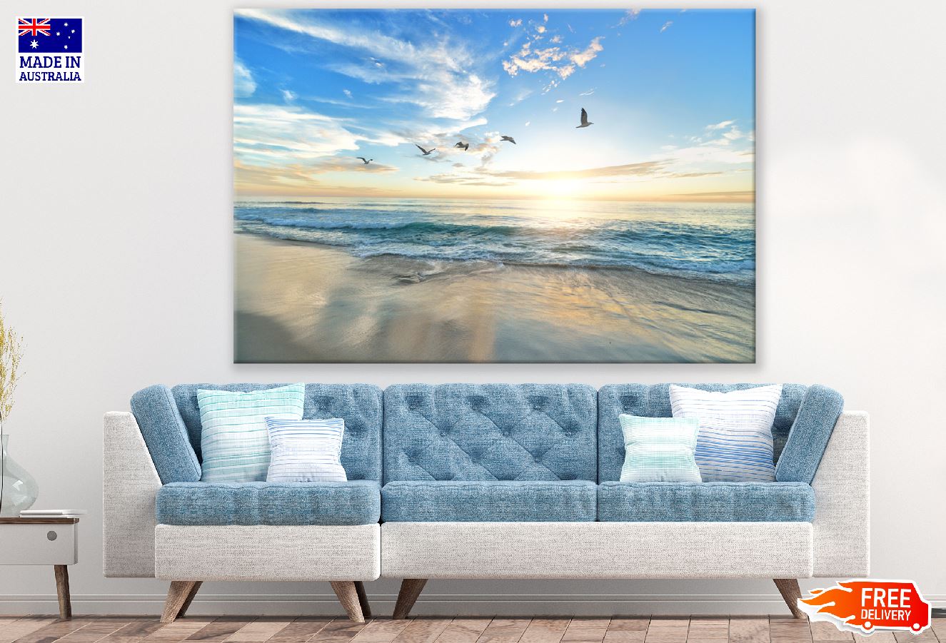 Birds Flying on Blue Sky with Sea View Photograph Print 100% Australian Made