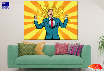 Happy Businessman With Dollar Bills Falling Illustration Print 100% Australian Made