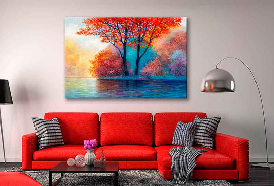 Bella Home Red Maple On The Lake Oil Painting Print Canvas Ready to hang