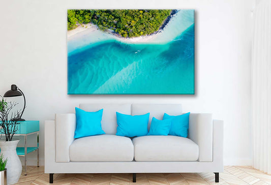 Bella Home Blue Beach View With Green Trees Print Canvas Ready to hang