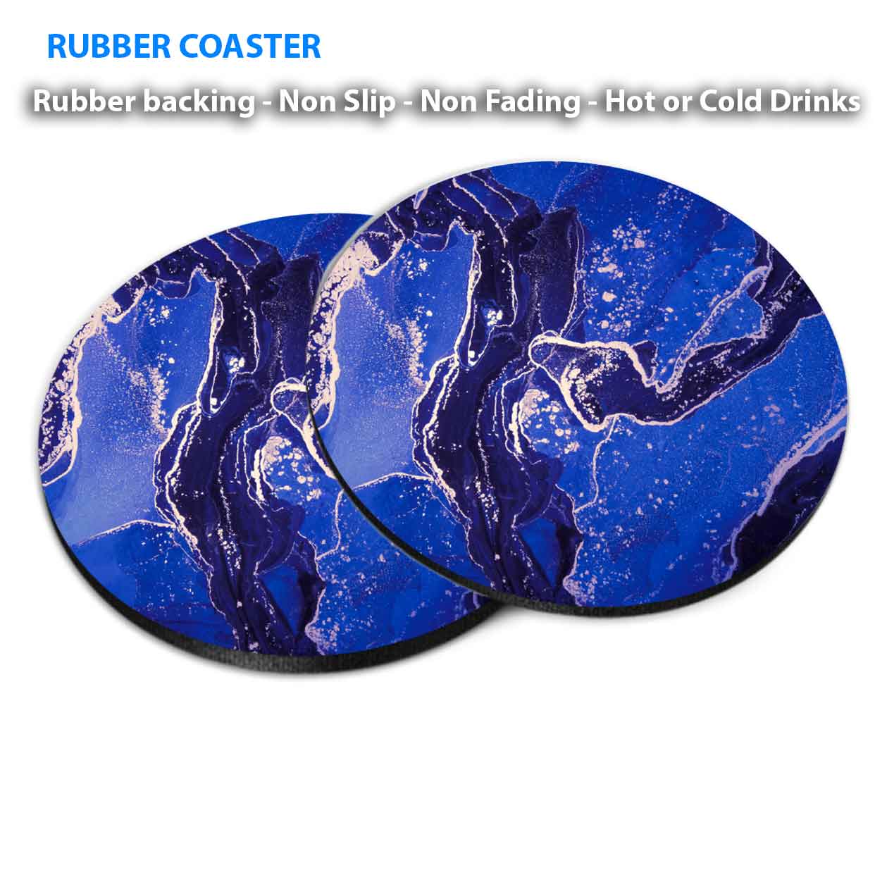 Dark Blue & Silver Splash Marble Coasters Wood & Rubber - Set of 6 Coasters