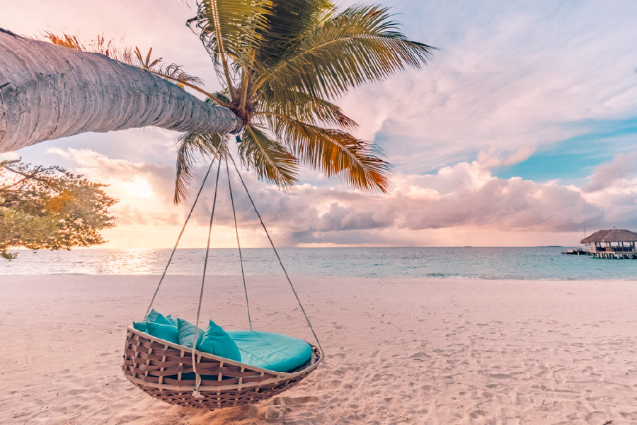 Bella Home Tropical Beach Sunset with Swing Print Canvas Ready to hang
