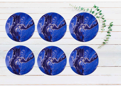 Dark Blue & Silver Splash Marble Coasters Wood & Rubber - Set of 6 Coasters