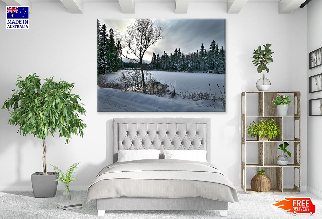 Snow Covered Forest & Frozen Lake Photograph Print 100% Australian Made