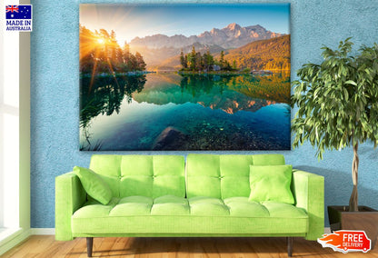 Sunrise View on Eibsee Lake with Zugspitze Mountain Range Photograph Print 100% Australian Made