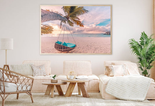 Tropical Beach Sunset with Swing Photograph Home Decor Premium Quality Poster Print Choose Your Sizes