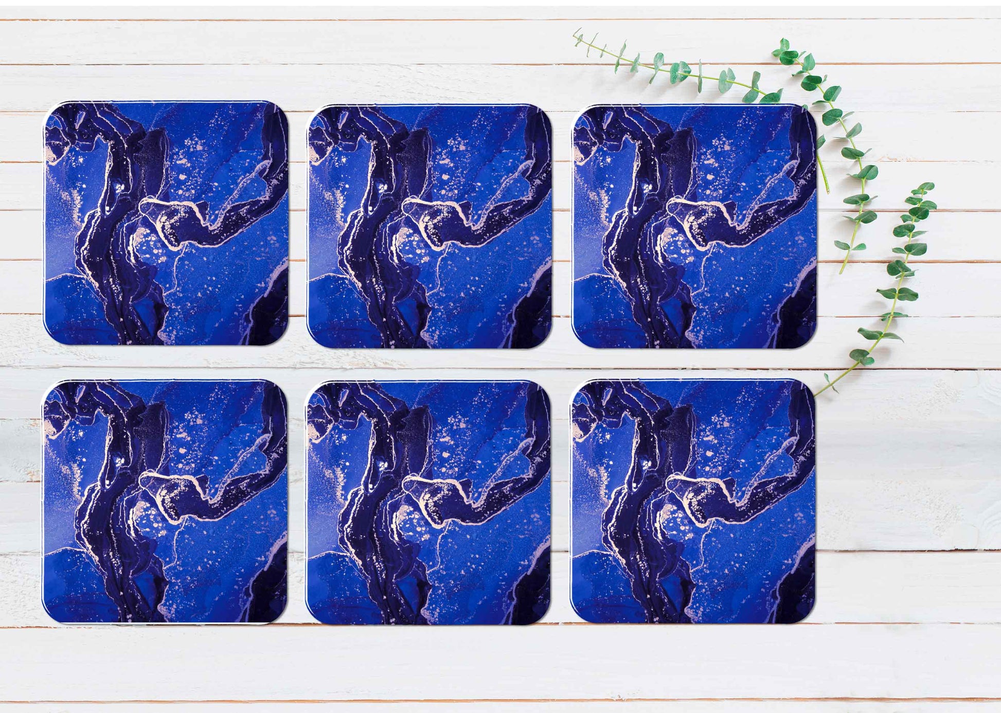 Dark Blue & Silver Splash Marble Coasters Wood & Rubber - Set of 6 Coasters