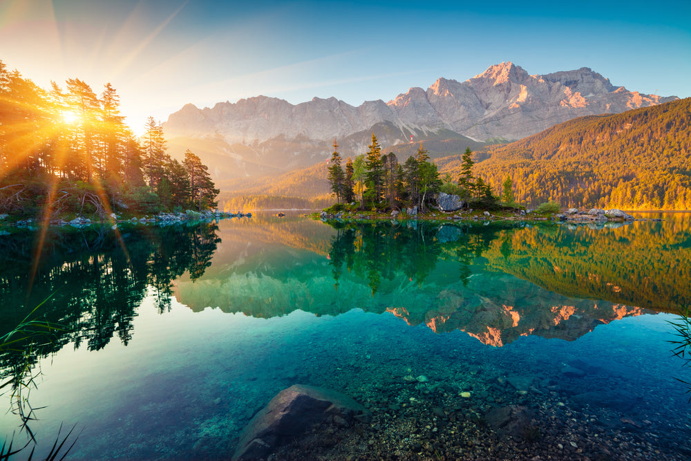 Sunrise View on Eibsee Lake with Zugspitze Mountain Range Photograph Print 100% Australian Made
