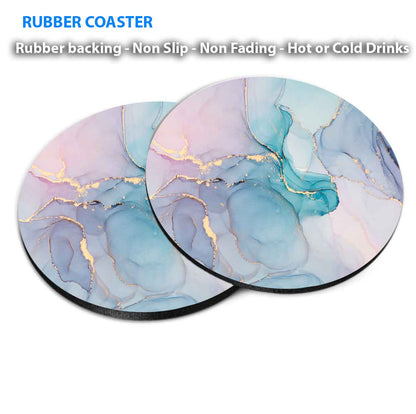 Pink Blue Grey Gold Liquid Abstract Coasters Wood & Rubber - Set of 6 Coasters