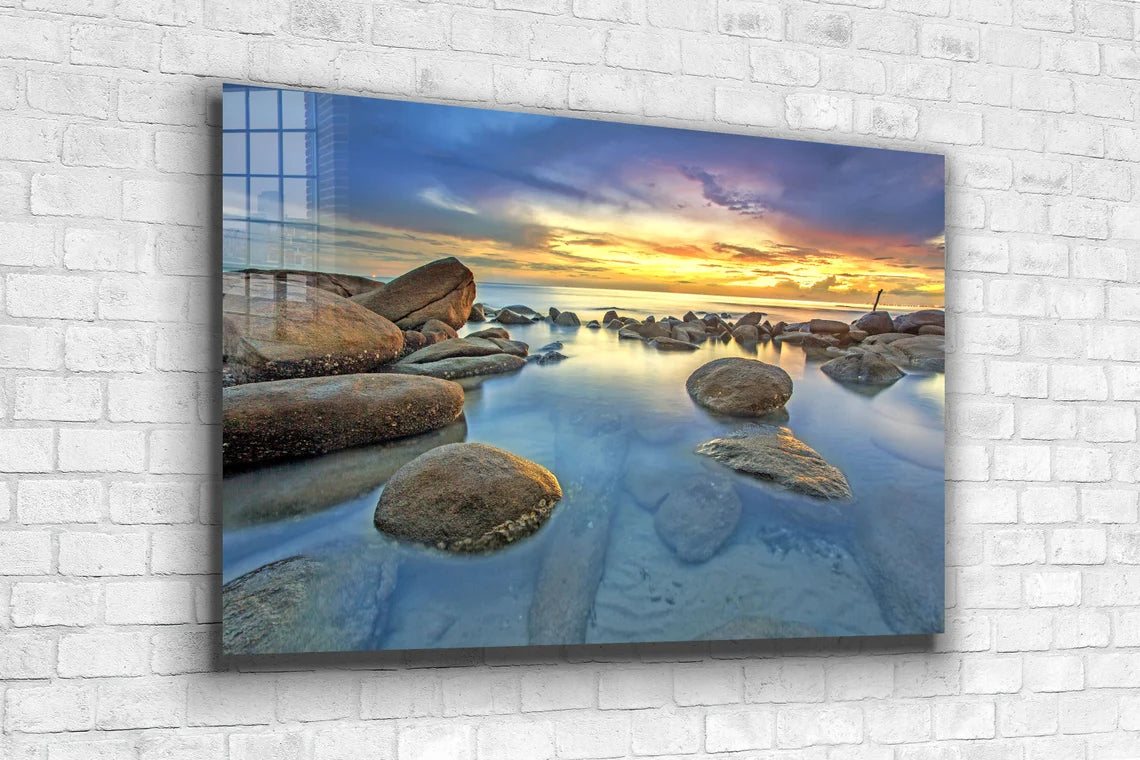 Rocks on Sea Sunset Sky Print Tempered Glass Wall Art 100% Made in Australia Ready to Hang