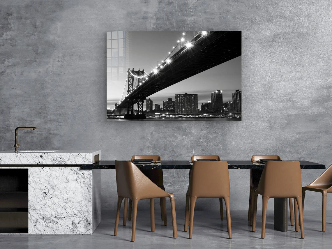 Bridge Night Lights B&W Print Tempered Glass Wall Art 100% Made in Australia Ready to Hang