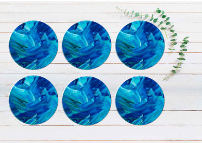 Blue Green Abstract Brush Strokes Coasters Wood & Rubber - Set of 6 Coasters