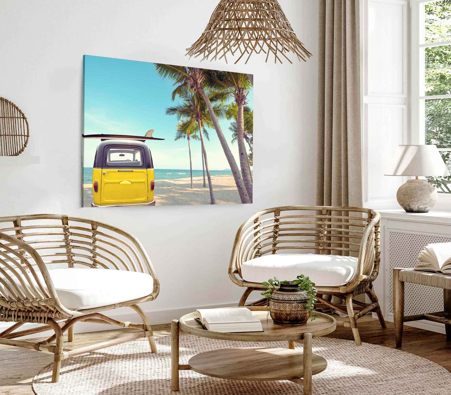 Bella Home Vintage Car on The Sea & Surf Board Print Canvas Ready to hang