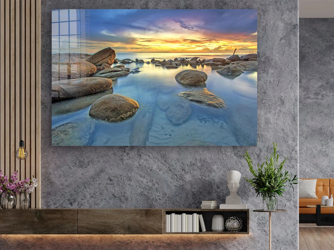 Rocks on Sea Sunset Sky Print Tempered Glass Wall Art 100% Made in Australia Ready to Hang