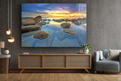 Rocks on Sea Sunset Sky Print Tempered Glass Wall Art 100% Made in Australia Ready to Hang