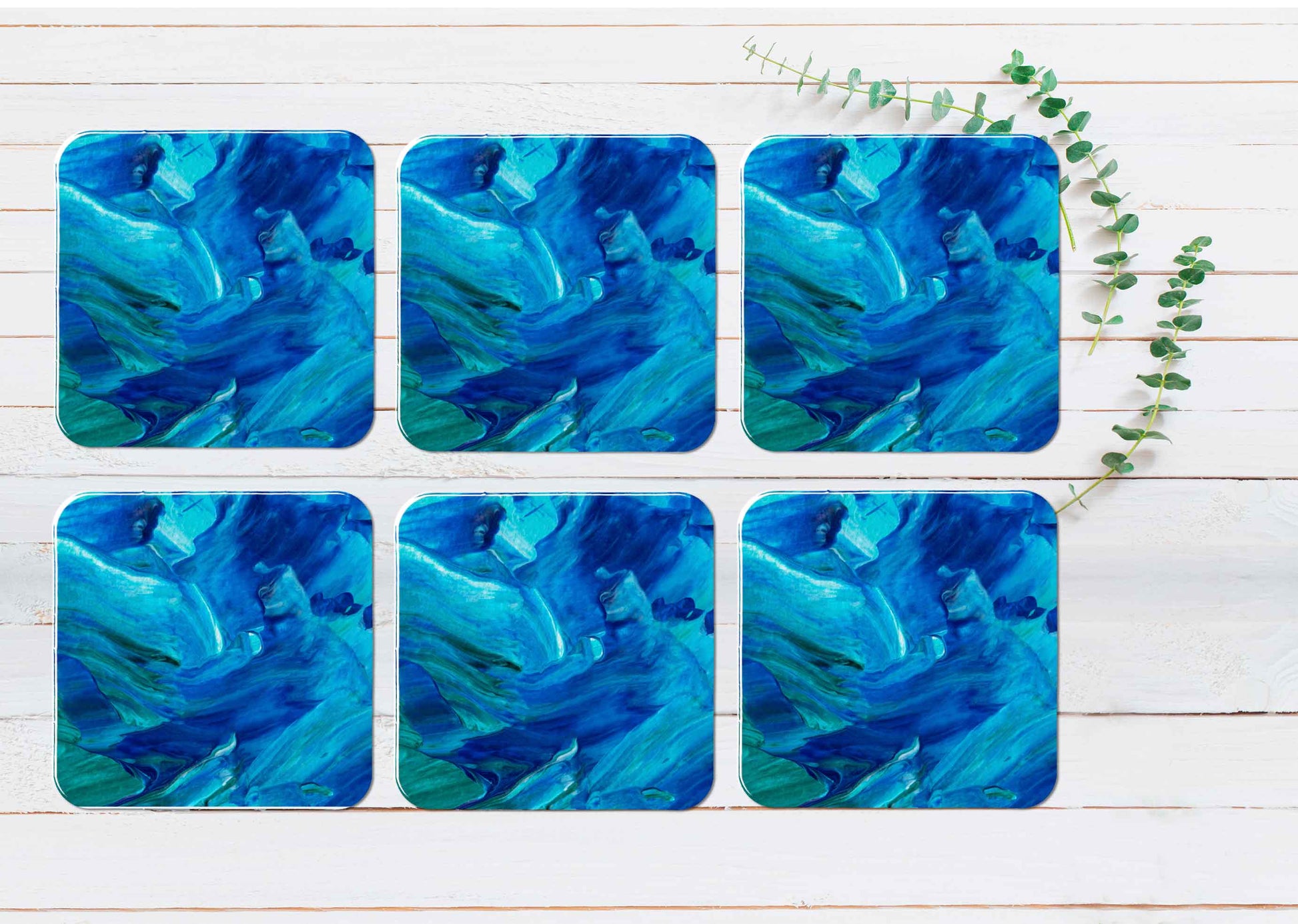 Blue Green Abstract Brush Strokes Coasters Wood & Rubber - Set of 6 Coasters