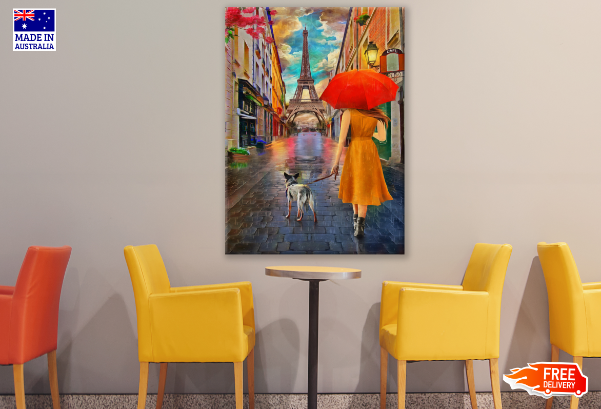 Lady & Dog Walking to Eiffel Tower Painting Print 100% Australian Made