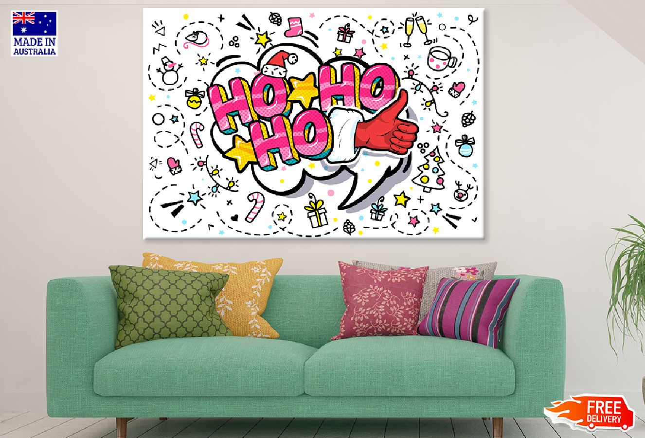 HO HO HO Quote & Abstract Shapes Illustration Print 100% Australian Made