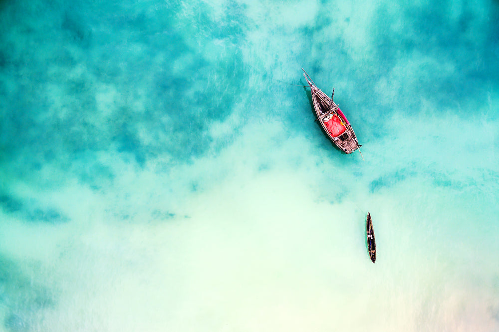Boat & Ship in Beautiful Ocean near an Island Photograph Print 100% Australian Made