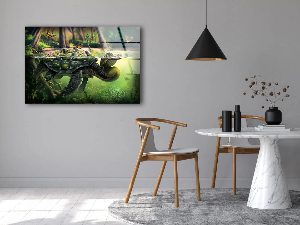 Flowers & Butterflies on Tortoise Digital Painting Acrylic Glass Print Tempered Glass Wall Art 100% Made in Australia Ready to Hang