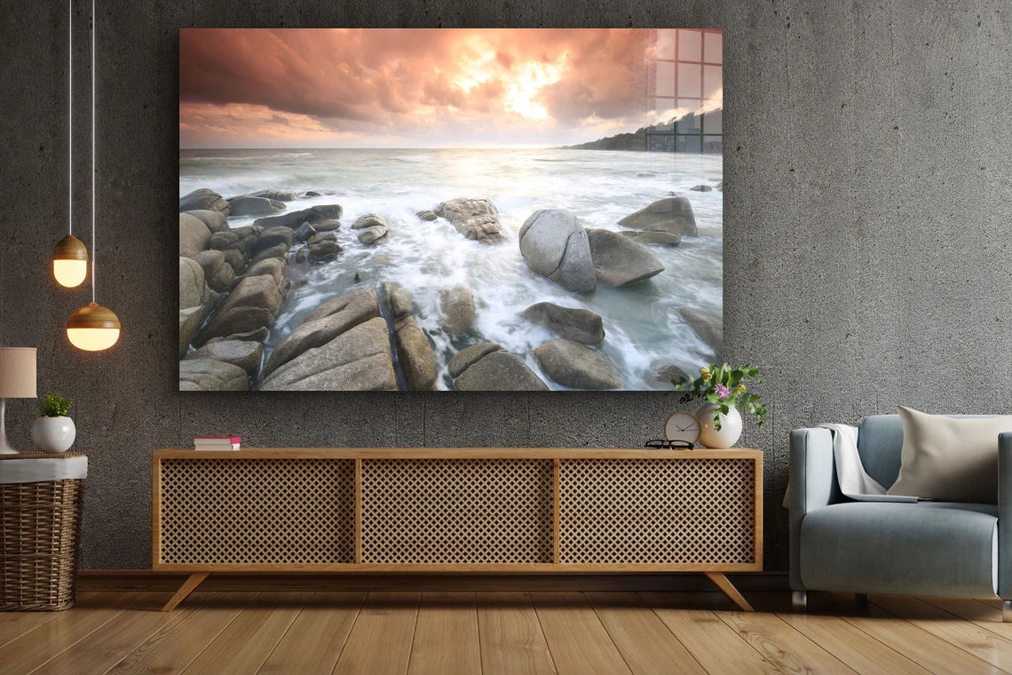 Rocky Sea Ocean Sunset Print Tempered Glass Wall Art 100% Made in Australia Ready to Hang