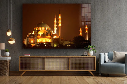 Night View of Mosque Print Tempered Glass Wall Art 100% Made in Australia Ready to Hang