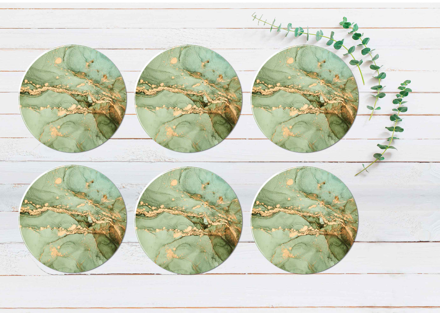 Green & Gold Splash Abstract Painting Coasters Wood & Rubber - Set of 6 Coasters