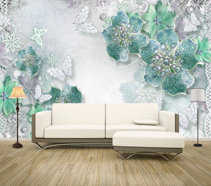 Wallpaper Murals Peel and Stick Removable Blue White Floral Design High Quality