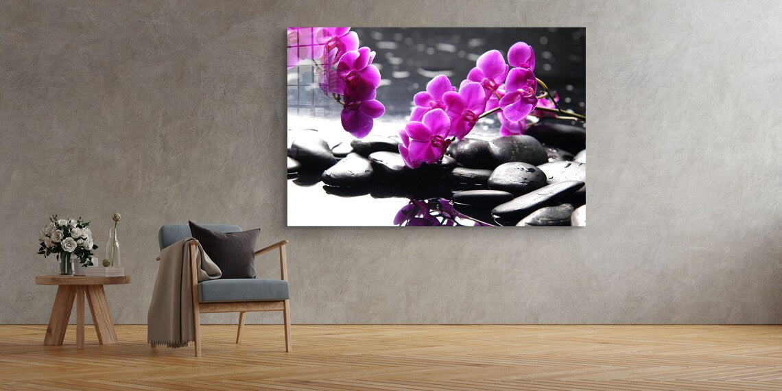 Zen Stones Pink Flowers Print Tempered Glass Wall Art 100% Made in Australia Ready to Hang