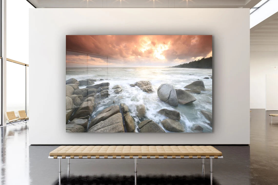 Rocky Sea Ocean Sunset Print Tempered Glass Wall Art 100% Made in Australia Ready to Hang