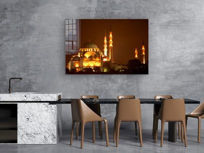 Night View of Mosque Print Tempered Glass Wall Art 100% Made in Australia Ready to Hang