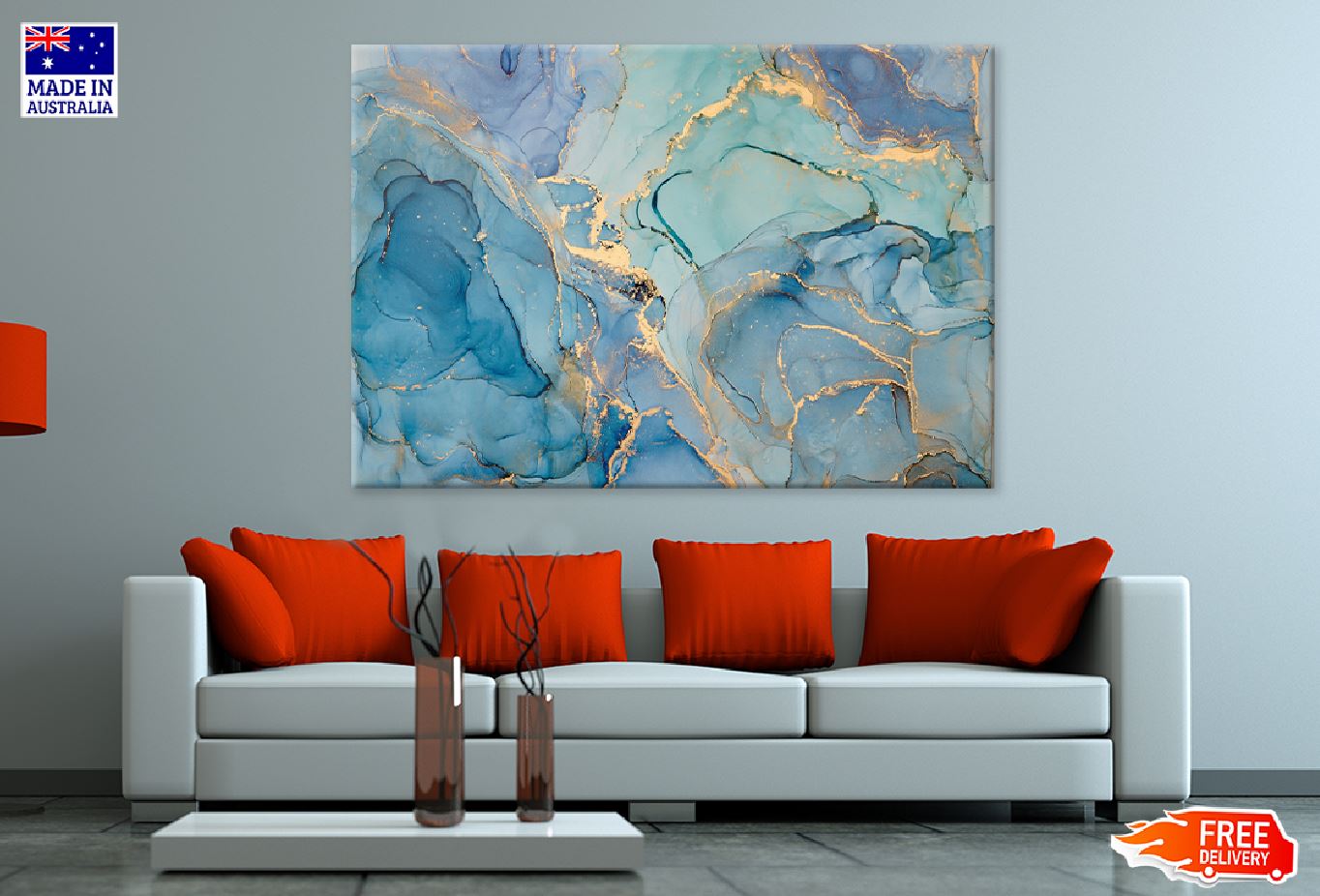 Blue Green & Gold Fluid Abstract Design Print 100% Australian Made