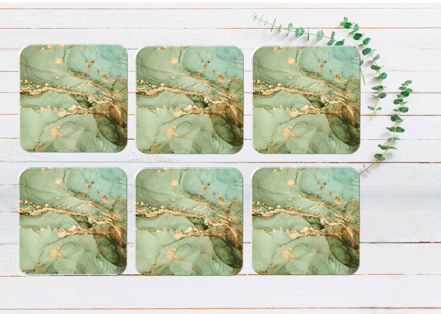 Green & Gold Splash Abstract Painting Coasters Wood & Rubber - Set of 6 Coasters