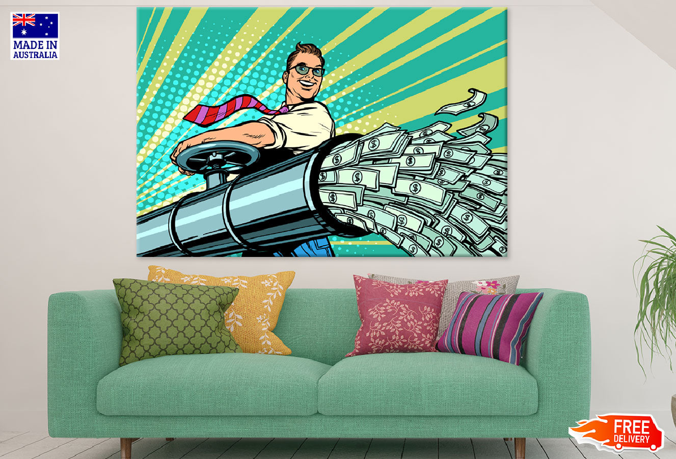 Man Opening Money Tap Illustration Print 100% Australian Made