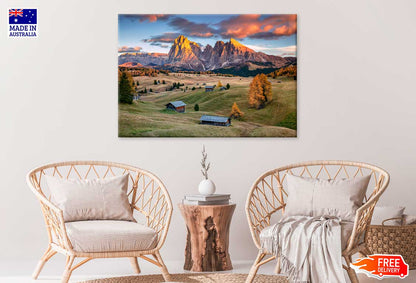 Houses on Landscape & Mountain Sunset Photograph Print 100% Australian Made