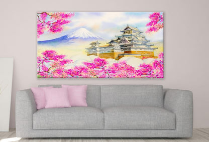 Japanese Castle with Mountain view Watercolour Painting Print 100% Australian Made