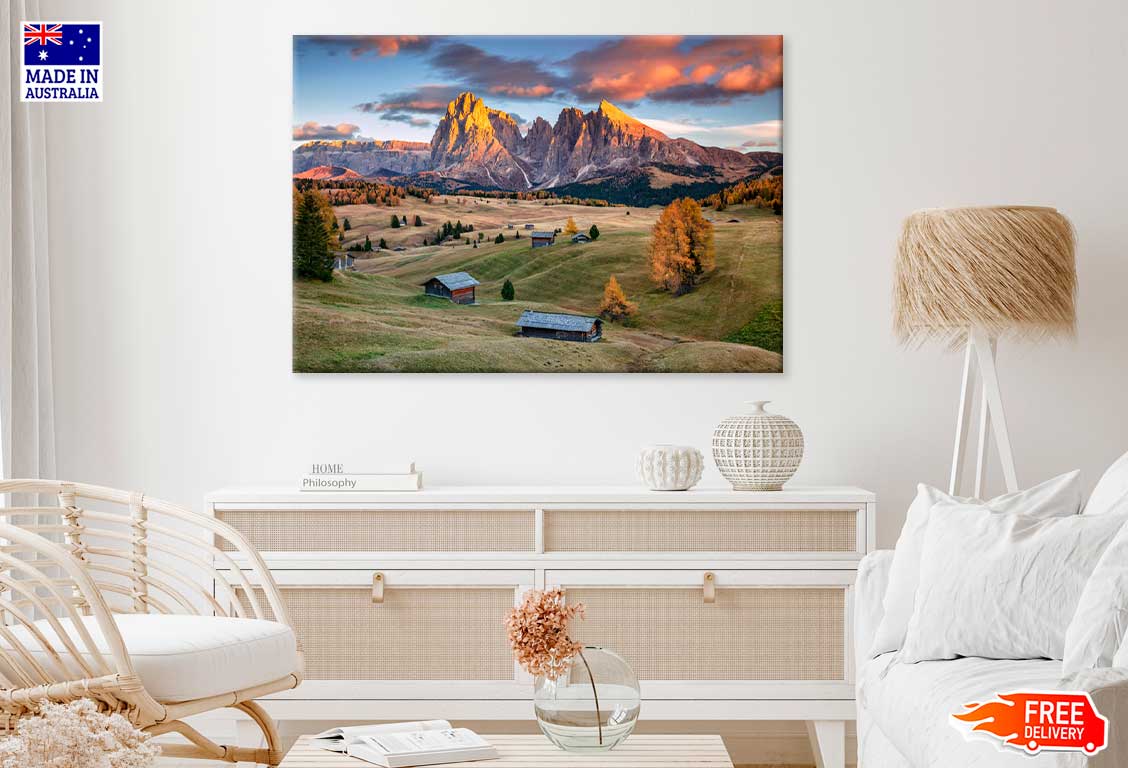 Houses on Landscape & Mountain Sunset Photograph Print 100% Australian Made
