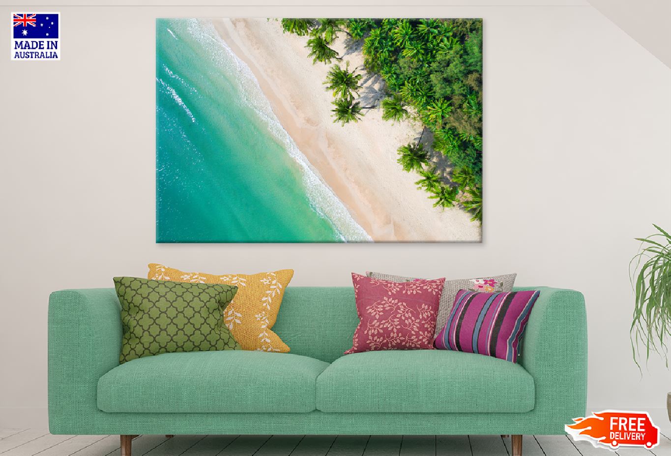 Blue Sea with Palm Trees Aerial View Photograph Print 100% Australian Made