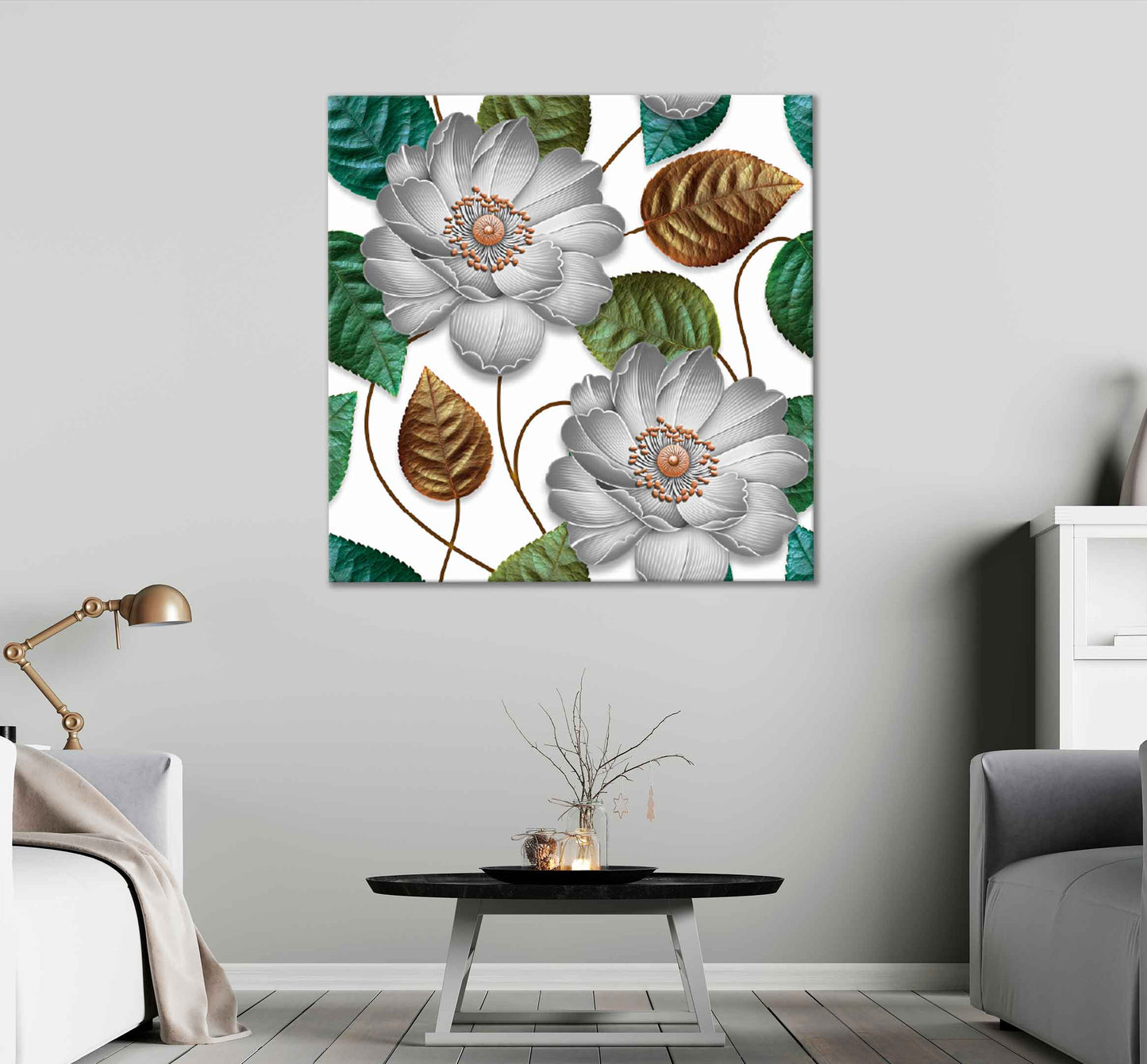 Square Canvas Silver Flower & Leaves 3D Design High Quality Print 100% Australian Made