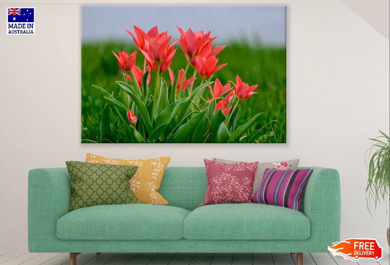 Red Tulip Flowers with Leaves Closeup Photograph Print 100% Australian Made